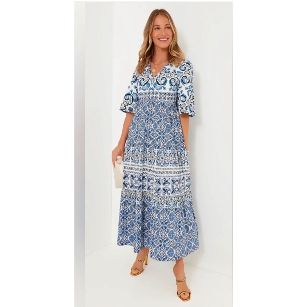 Tuckernuck Ginger Maxi Dress M Majolica Tile Blue White Cotton Flutter Sleeve